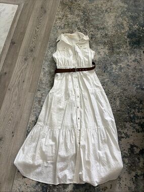 MICHAEL Michael Kors Sleeveless White Button-Front Maxi Dress with Brown Belt
